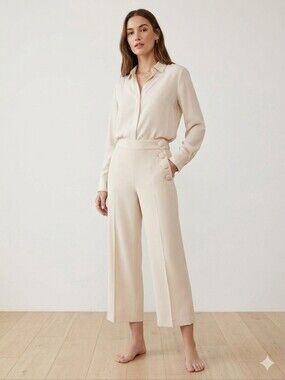 Aritzia Babaton Cream High-Rise Wide Leg Pants with Side Button Detail
